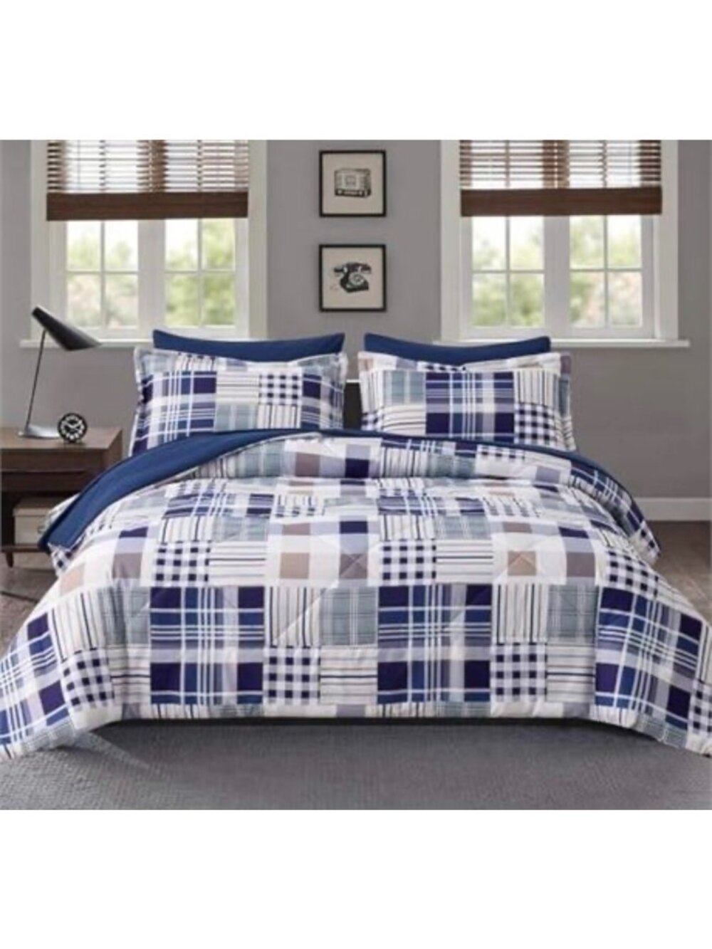 Comforter Set King Size Plaid Patchwork Comforter Bedding-7 Piece Bed in a Bag,